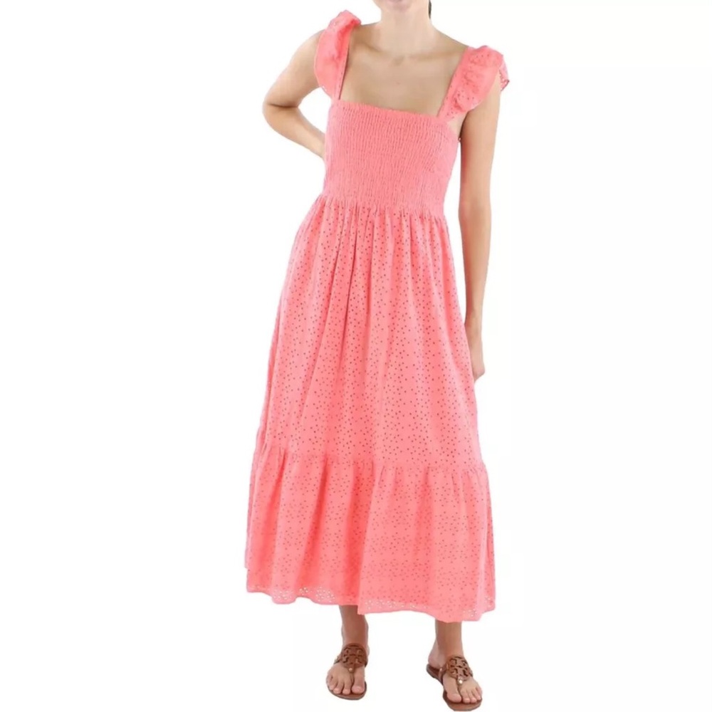 Nanette Lepore Eyelet Ruffle Dress Coral Smocked Midi 100% Cotton Size 8